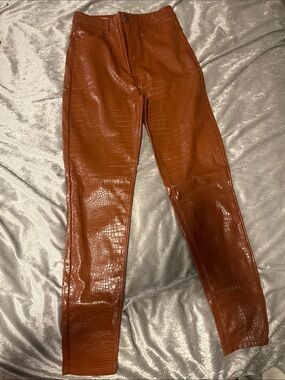 Shinestar Faux Leather Croc-Embossed Pants in Rust Brown
